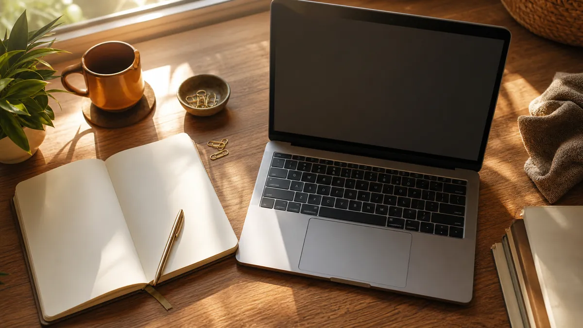 Warm flat-lay workspace with an open laptop, notebook, and amber mug for practicing voice typing punctuation