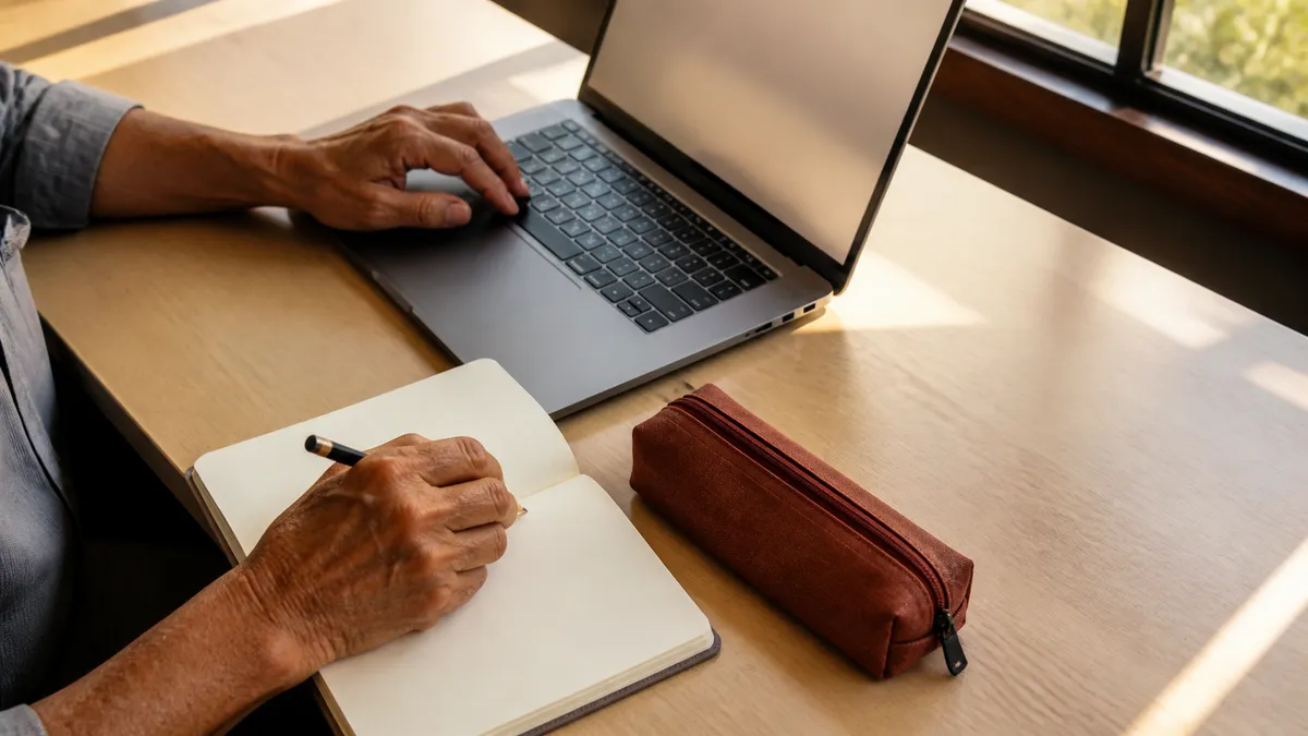 Hands taking notes beside a laptop in a sunlit university study room