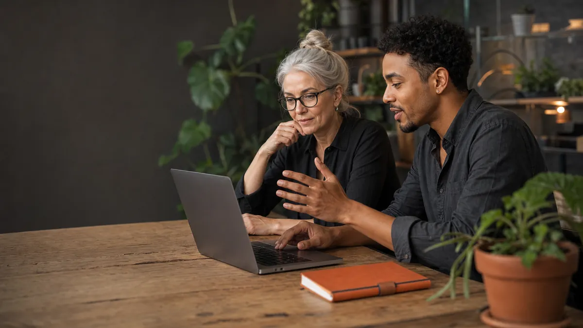 Two colleagues reviewing a dictated draft together at a laptop in a warm plant-filled creative studio