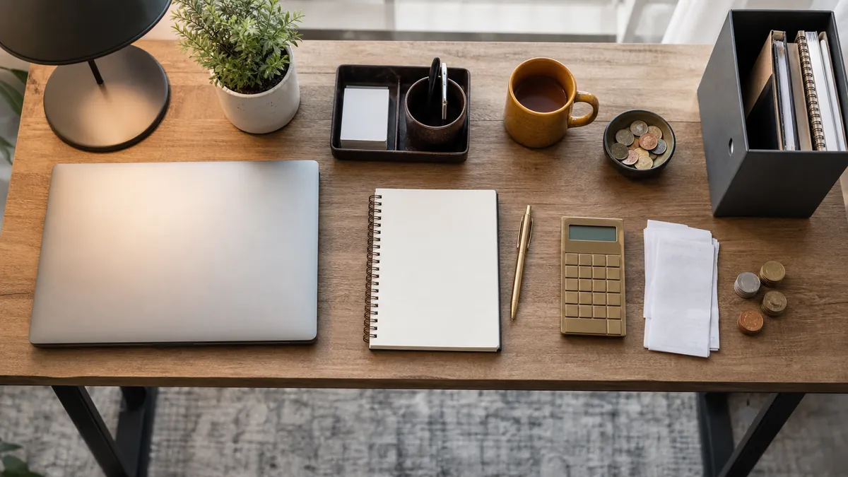 Overhead flat-lay of a laptop, notebook, calculator, and amber mug on a warm wood desk for comparing voice typing app costs