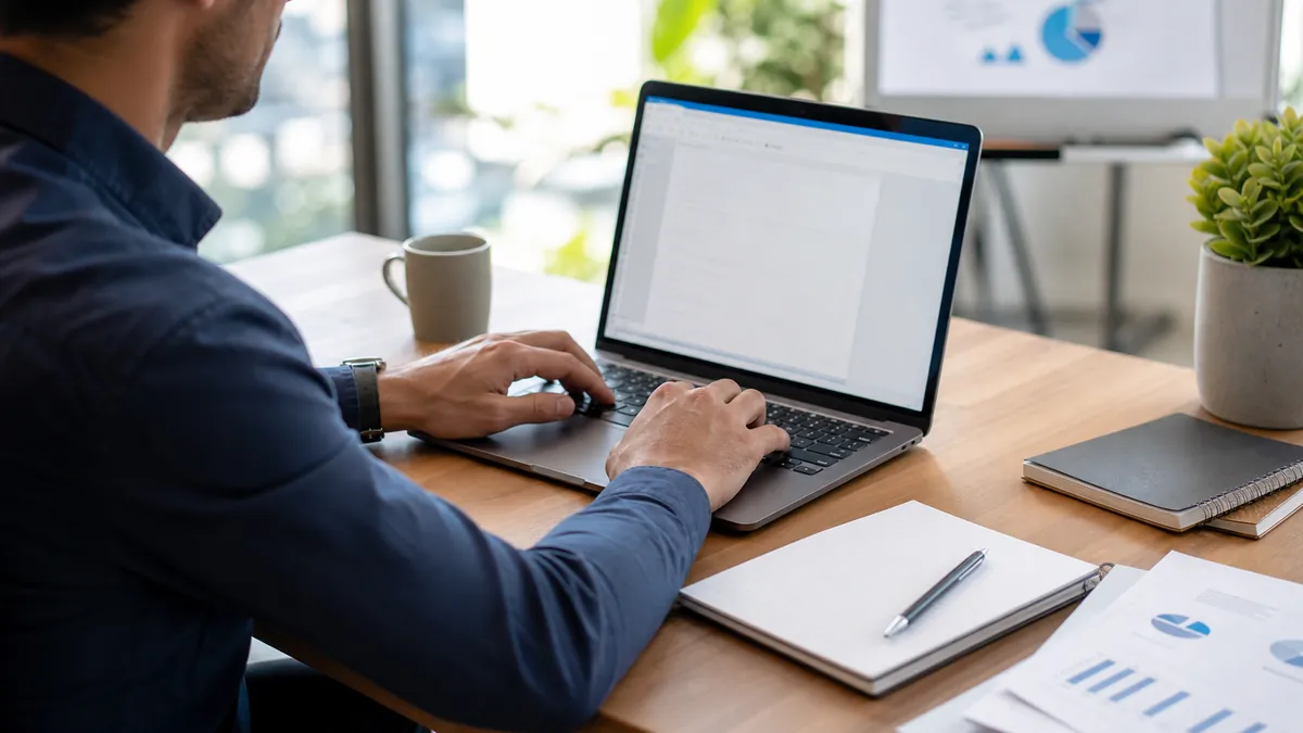 Professional working at a Windows laptop while dictating notes at a clean desk